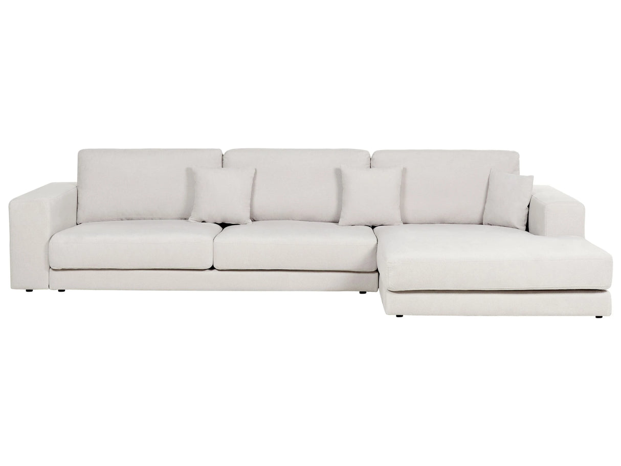 Left Hand 4 Seater Corner Sofa White Fabric Upholstered Track Armrests Additional Cushions Minimalistic Modern Style Beliani