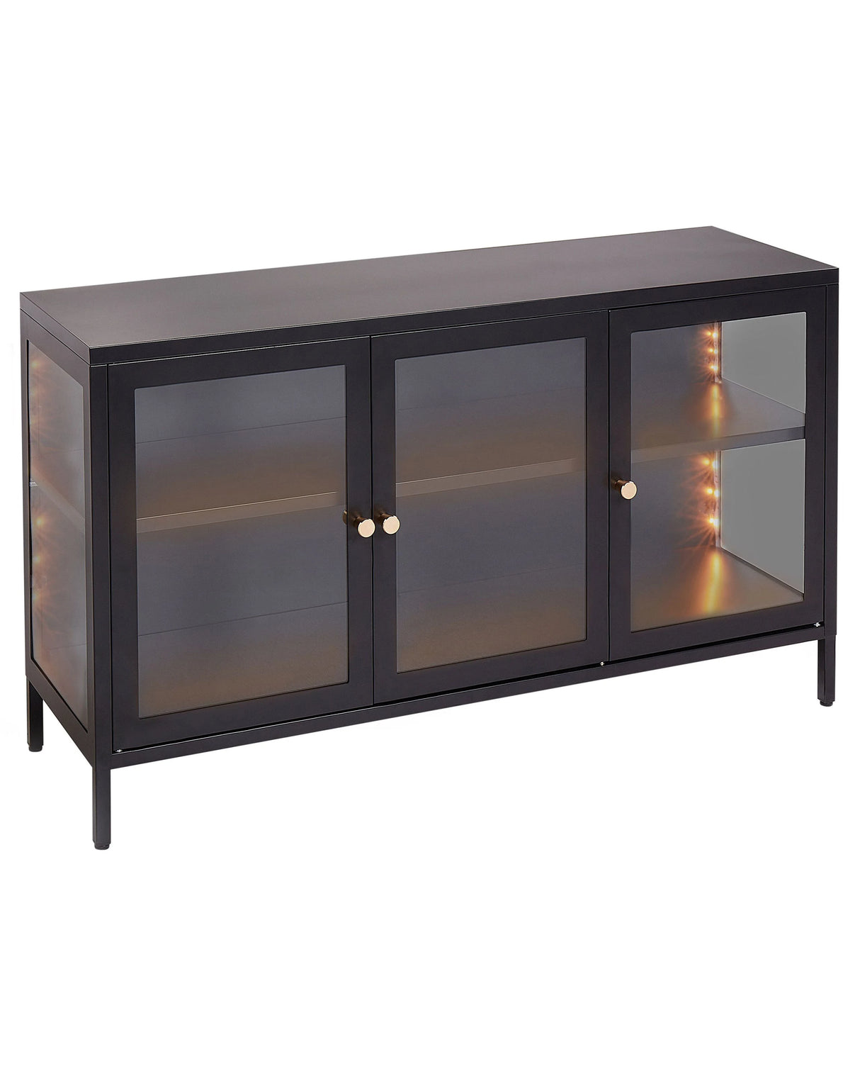 3 Door LED Sideboard Black Steel Tempered Glass Adjustable Shelves Leg Caps Living Room Furniture Modern Design Beliani
