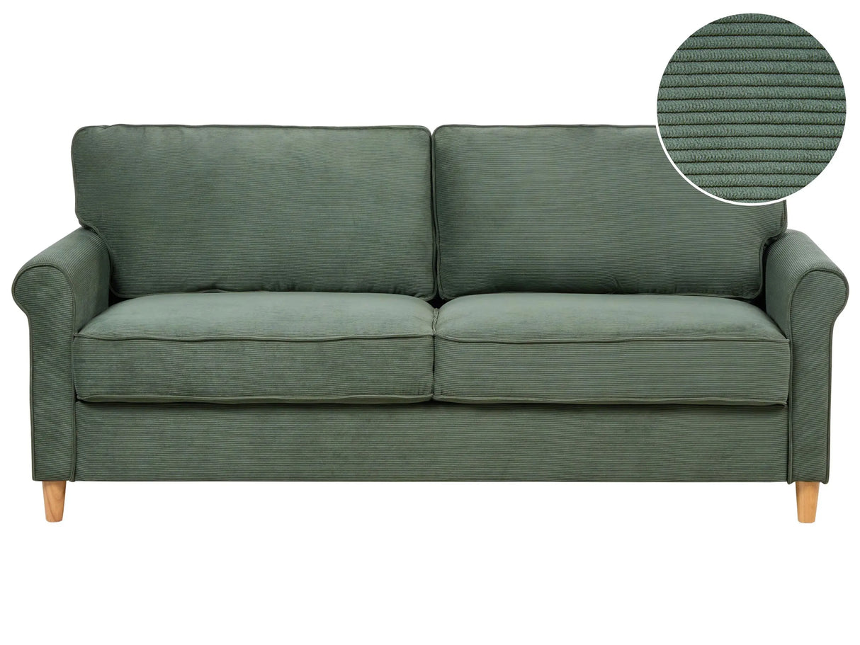 3 Seater Sofa Dark Green Jumbo Cord Fabric Wooden Frame Pocket Springs Living Room Ribbed 2 Seater Beliani