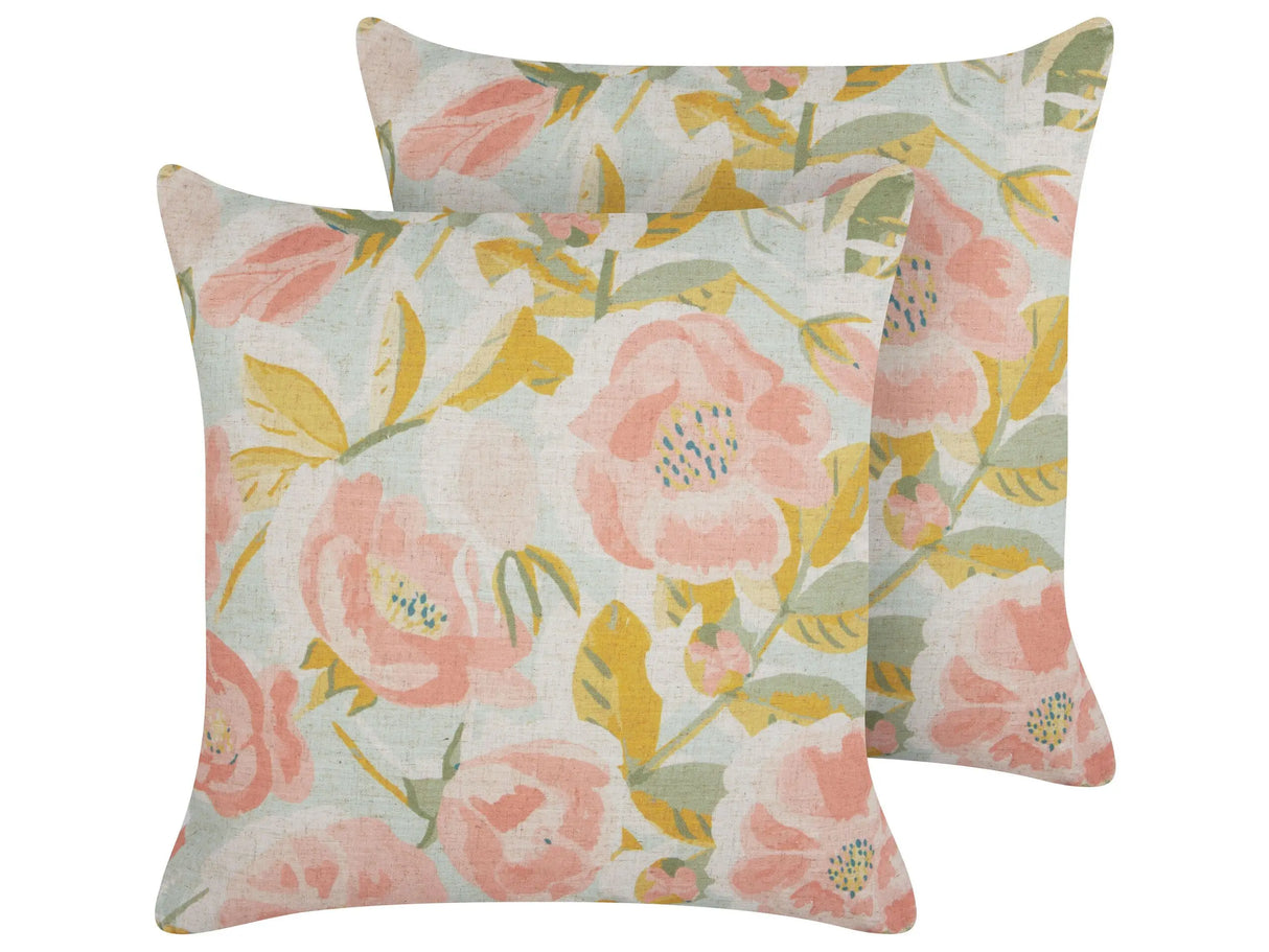Set of 2 Decorative Cushions Pink and Blue Multicolour Floral Pattern 45 x 45 cm Vintage Boho Decor Accessories Beliani