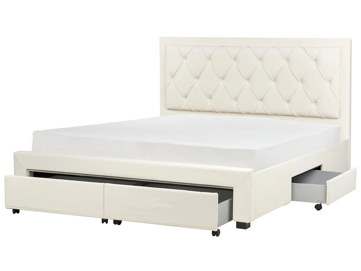 Storage Bed Light Beige Velvet Upholstery EU Super King Size 6ft Tufted Tall Headboard Drawers Glam Design Beliani