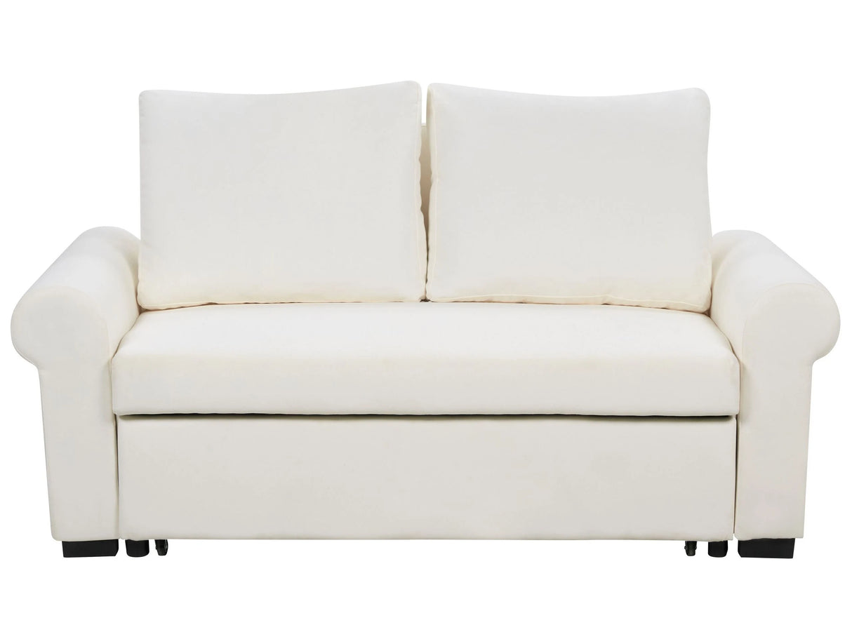 Sofa Bed Off-White Polyester Fabric 2 Seater Pull-Out Convertible Sleeper Retro Design Beliani