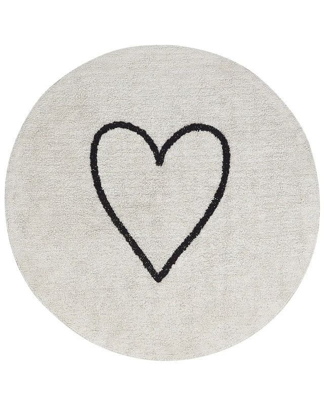 Area Rug Beige and Black Cotton  140 cm Round with Heart Pattern Boho Style Living Room Kids Children's Room Beliani