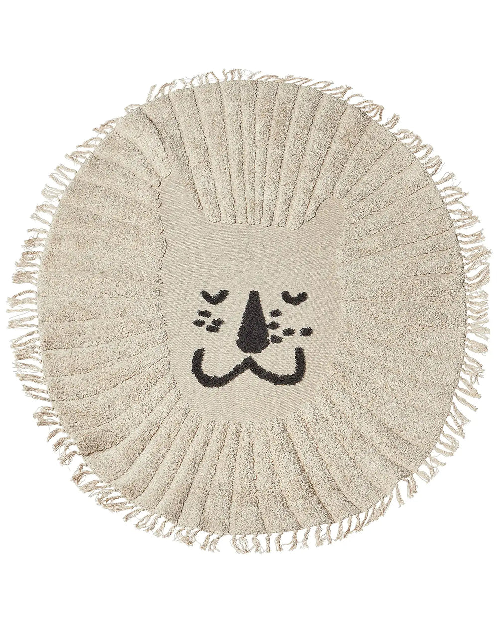 Area Rug Beige Cotton  140 cm Round Decorative Tassels Lion Print Boho Style Living Room Kids Children's Room Beliani