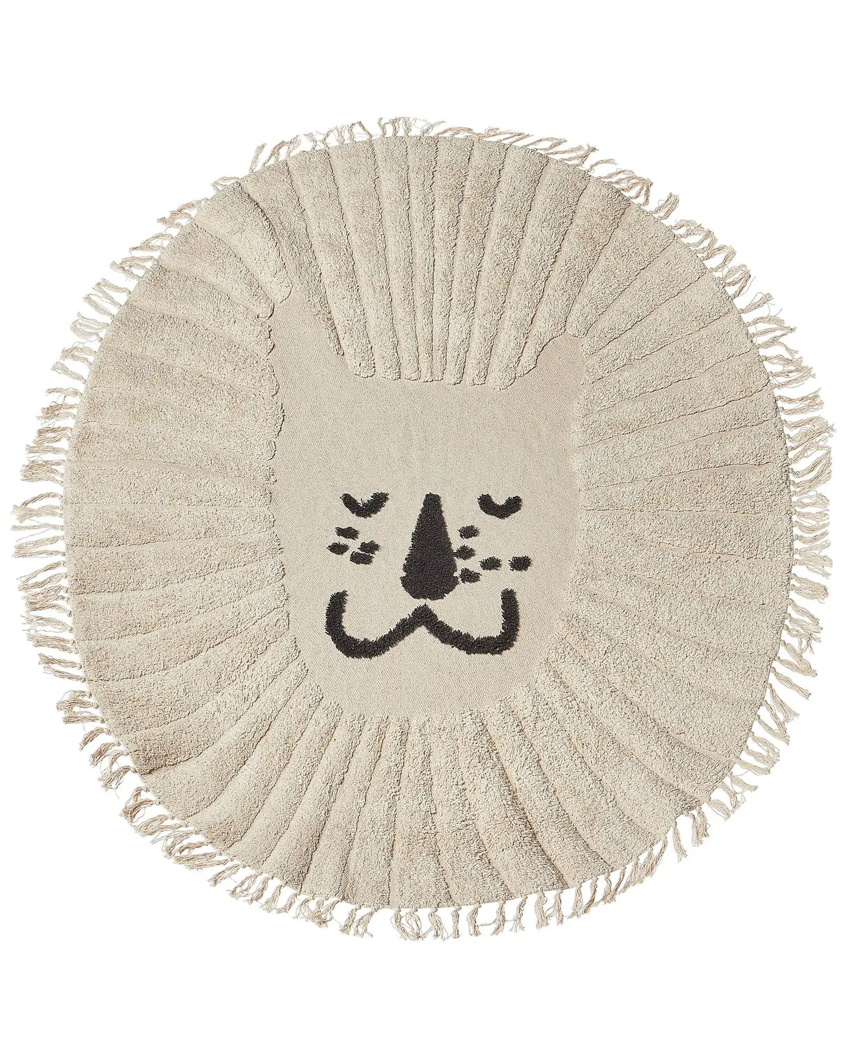 Area Rug Beige Cotton  140 cm Round Decorative Tassels Lion Print Boho Style Living Room Kids Children's Room Beliani