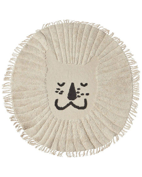 Area Rug Beige Cotton  140 cm Round Decorative Tassels Lion Print Boho Style Living Room Kids Children's Room Beliani