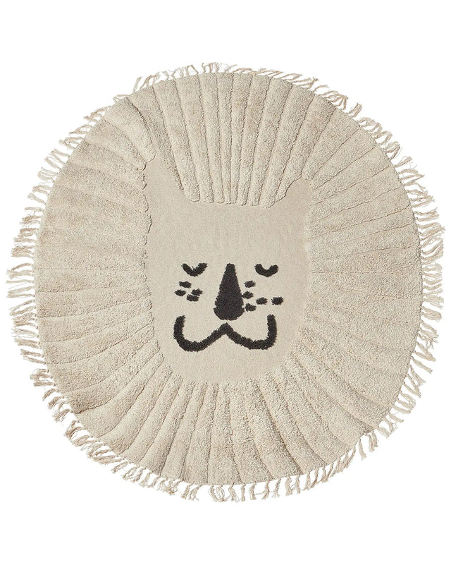 Area Rug Beige Cotton  140 cm Round Decorative Tassels Lion Print Boho Style Living Room Kids Children's Room Beliani