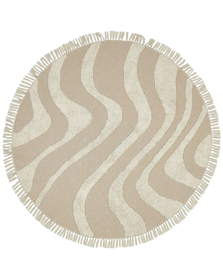 Round Area Rug Beige Cotton  140 cm Tufted with Fringe Pattern Boho Living Room Bedroom Beliani