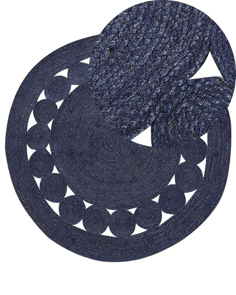 Area Rug Dark Blue Jute  120 cm Round Handwoven Boho Style Hallway Living Room Bedroom Beliani
