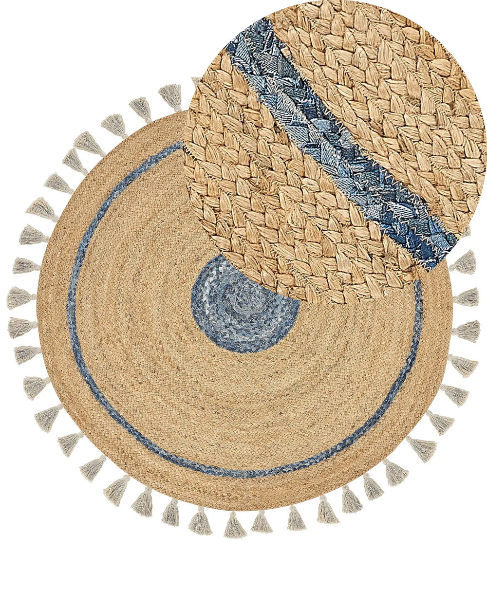 Area Rug Beige and Blue Jute  140 cm Round Handwoven with Decorative Tassels Boho Style Hallway Living Room Bedroom Beliani