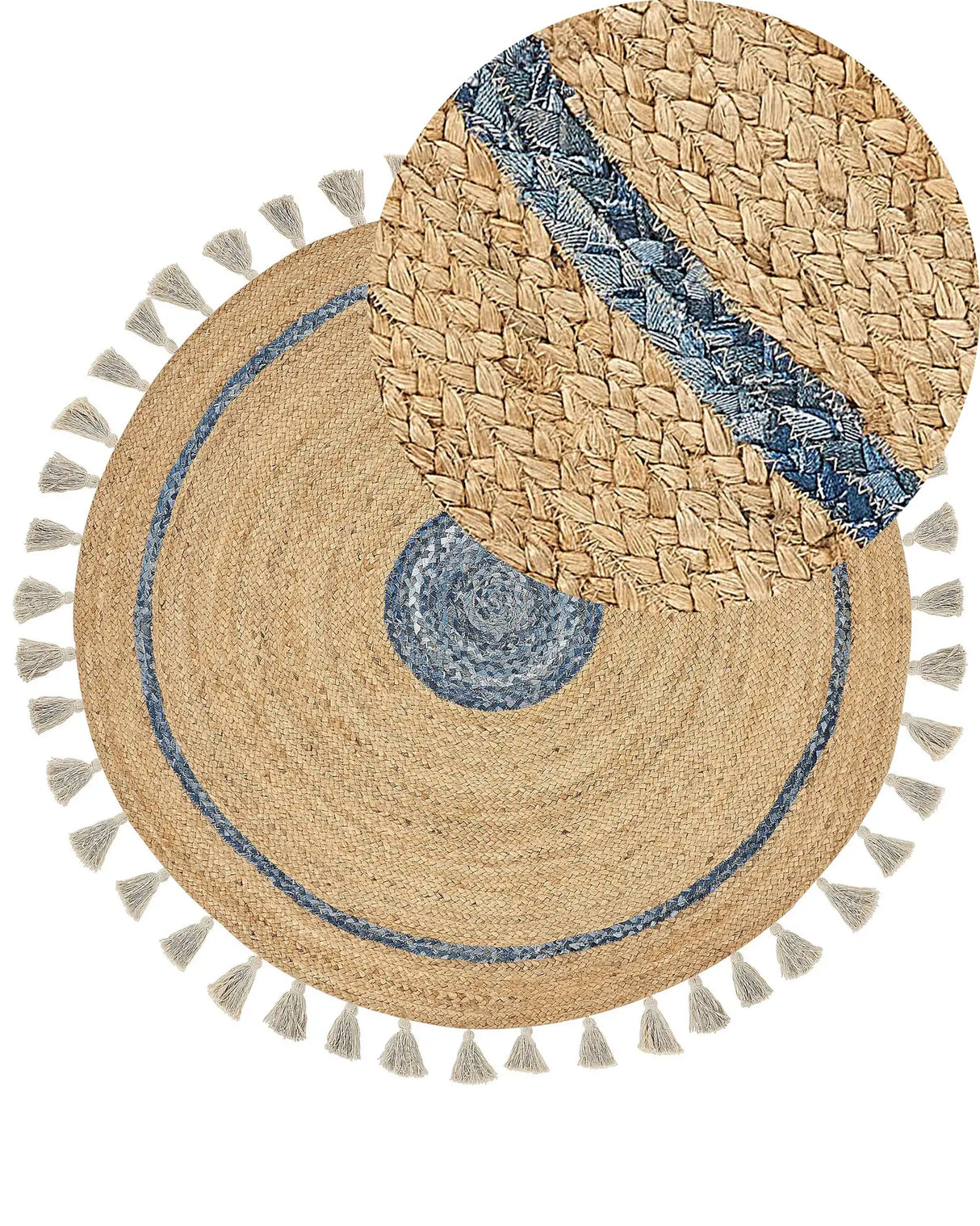 Area Rug Beige and Blue Jute  140 cm Round Handwoven with Decorative Tassels Boho Style Hallway Living Room Bedroom Beliani