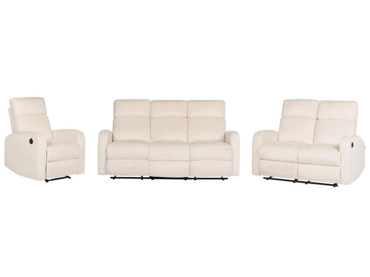 Electric Recliner Sofa Set Off-White Velvet Upholstered 3 and 2 Seater Armchair Couch Modern Design Relax Function Beliani