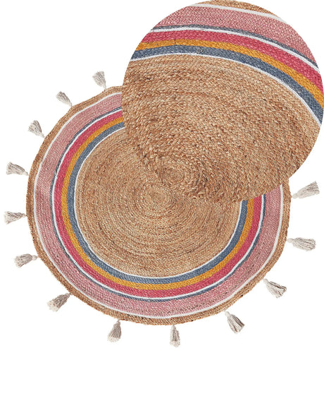 Kids Area Rug Multicolour Jute  120 cm Round Handwoven with Decorative Tassels Boho Style Living Room Bedroom Nursery Beliani