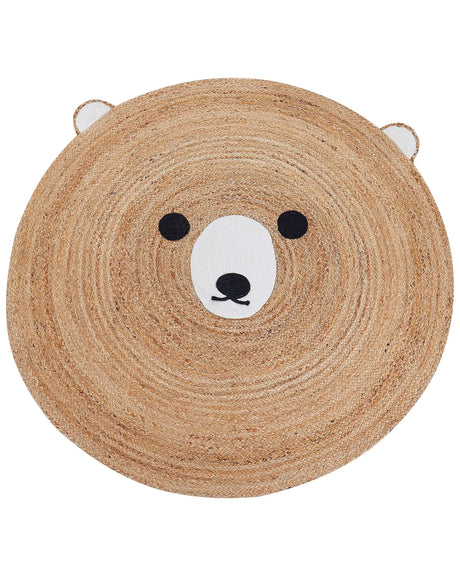 Area Rug Beige Jute  120 cm Round Decorative Bear Pattern Boho Style Living Room Kids Children's Room Beliani