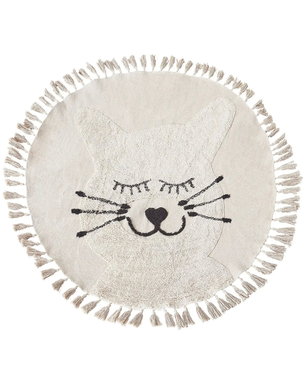 Area Rug Beige Cotton  120 cm Round Decorative Cat Pattern Tassels Boho Style Living Room Kids Children's Room Beliani