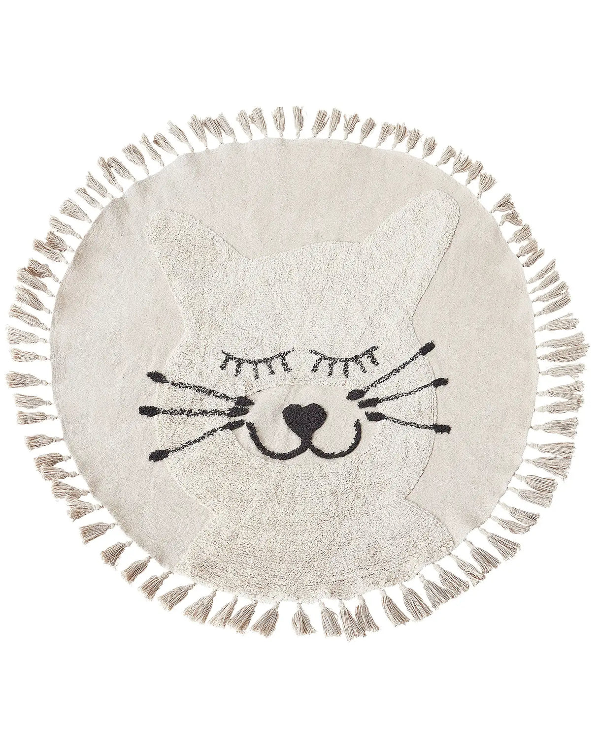 Area Rug Beige Cotton  120 cm Round Decorative Cat Pattern Tassels Boho Style Living Room Kids Children's Room Beliani