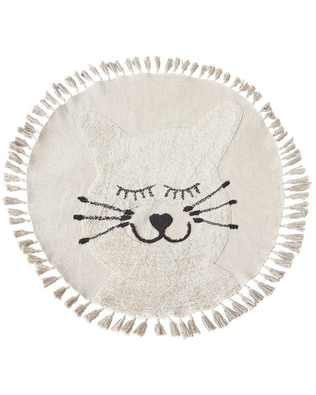 Area Rug Beige Cotton  120 cm Round Decorative Cat Pattern Tassels Boho Style Living Room Kids Children's Room Beliani