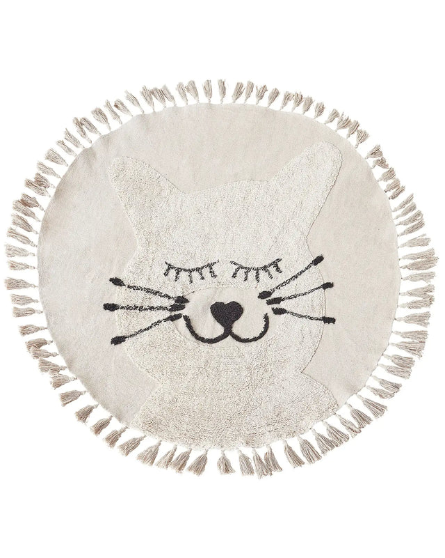Area Rug Beige Cotton  120 cm Round Decorative Cat Pattern Tassels Boho Style Living Room Kids Children's Room Beliani