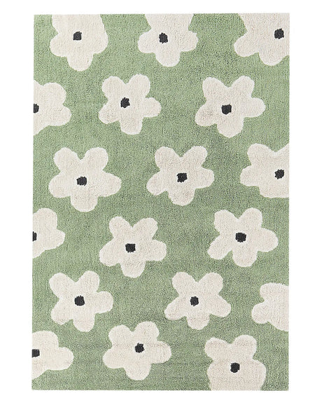 Area Rug Green Cotton 140 x 200 cm Decorative Flowers Pattern Boho Style Living Room Kids Children's Room Beliani