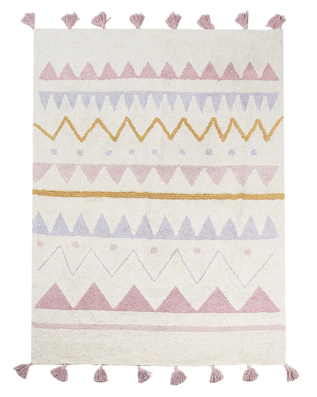 Area Rug Beige and Pink Cotton Abstract Pattern 140 x 200 cm Low Pile with Tassels for Children Playroom  Beliani