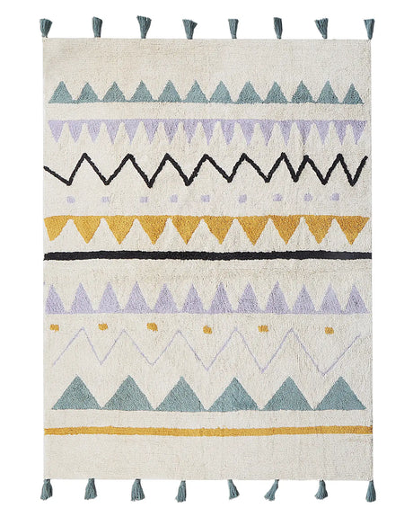 Area Rug Beige and Green Cotton Abstract Pattern 140 x 200 cm Low Pile with Tassels for Children Playroom  Beliani