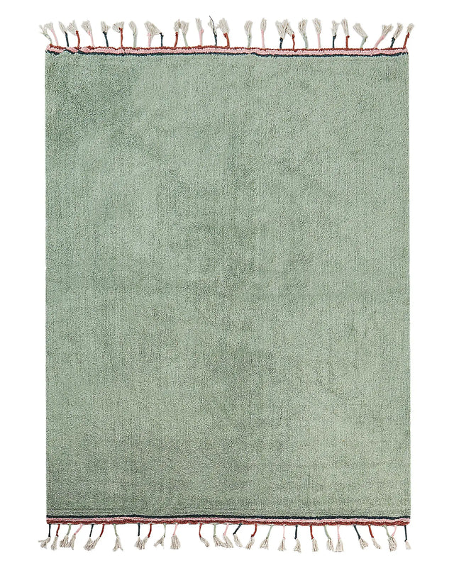 Area Rug Green Cotton 140 x 200 cm Rectangular with Tassels Solid Pattern Hand Tufted Modern Boho for Kids Beliani