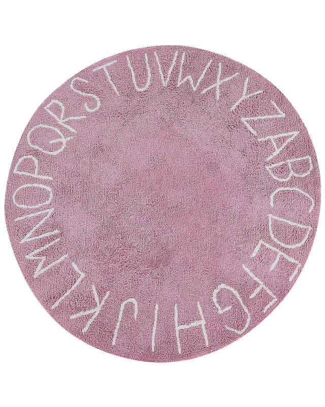 Area Rug Pink Cotton  120 cm Round Handmade with Alphabet Boho Style Living Room Kids Children's Room Beliani