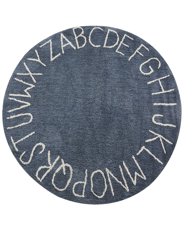 Area Rug Dark Blue Cotton  120 cm Round Handmade with Alphabet Boho Style Living Room Kids Children's Room Beliani