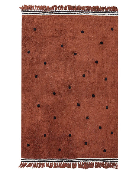 Tufted Rug Cotton Brown 140x200 cm with Black Dots and White Stripes Rectangular Beliani