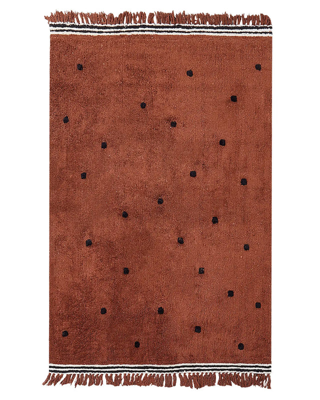 Tufted Rug Cotton Brown 140x200 cm with Black Dots and White Stripes Rectangular Beliani