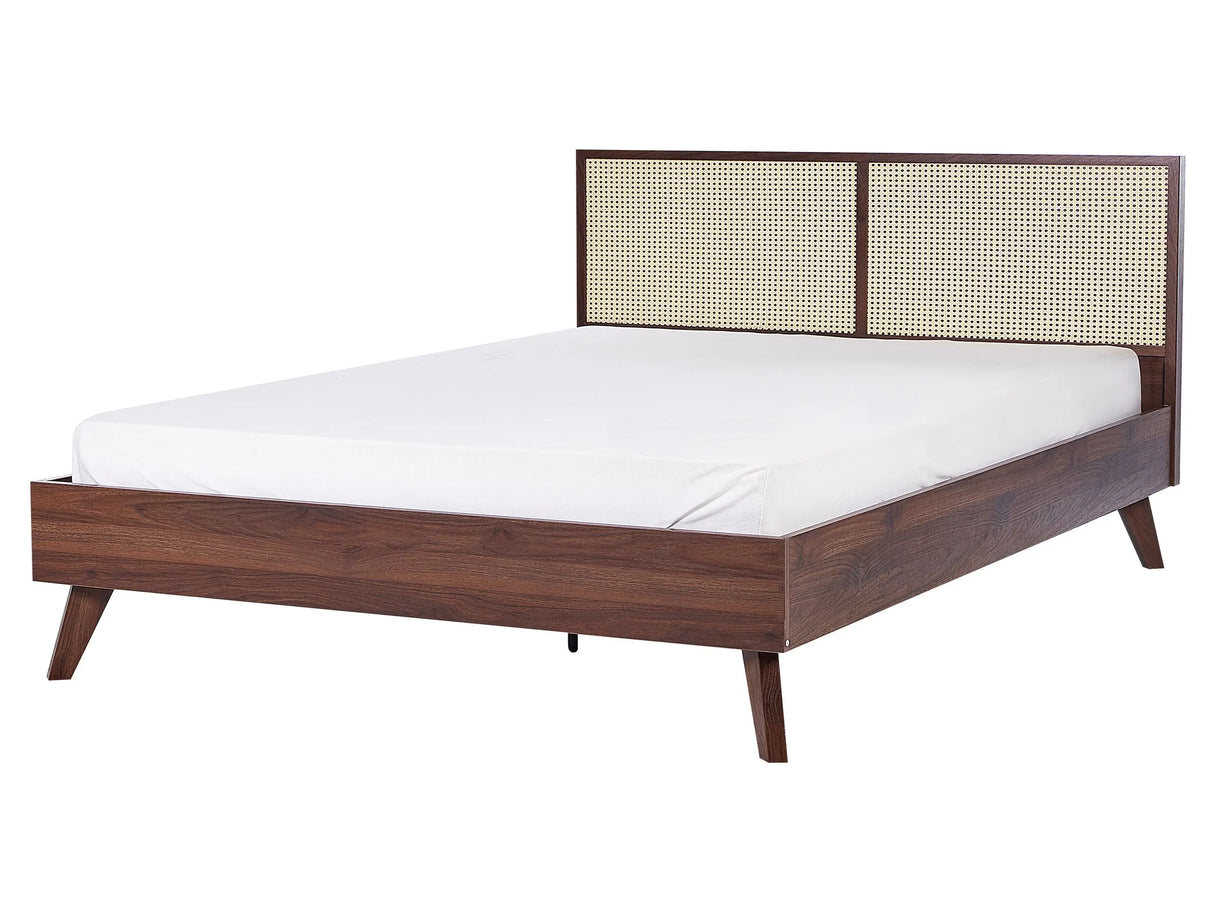 Panel Bed Dark Wood Rattan EU King Size 5ft3 Slatted Frame Bed Base Braided Headboard Modern Boho Beliani