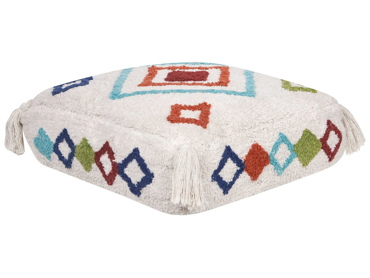 Floor Cushion White and Multicolour Cotton 55 x 55 x 20 cm Geometric Pattern Square Fabric Seating Pouffe Beliani