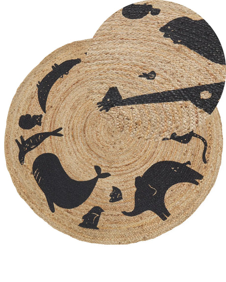 Area Rug Beige Jute  120 cm Round Decorative Animals Pattern Boho Style Living Room Kids Children's Room Beliani