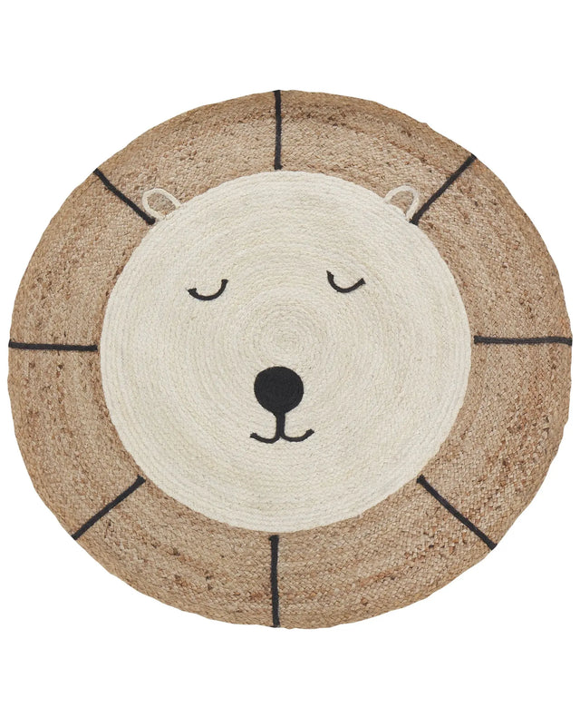 Area Rug Beige Jute  120 cm Round Decorative Bear Pattern Boho Style Living Room Kids Children's Room Beliani