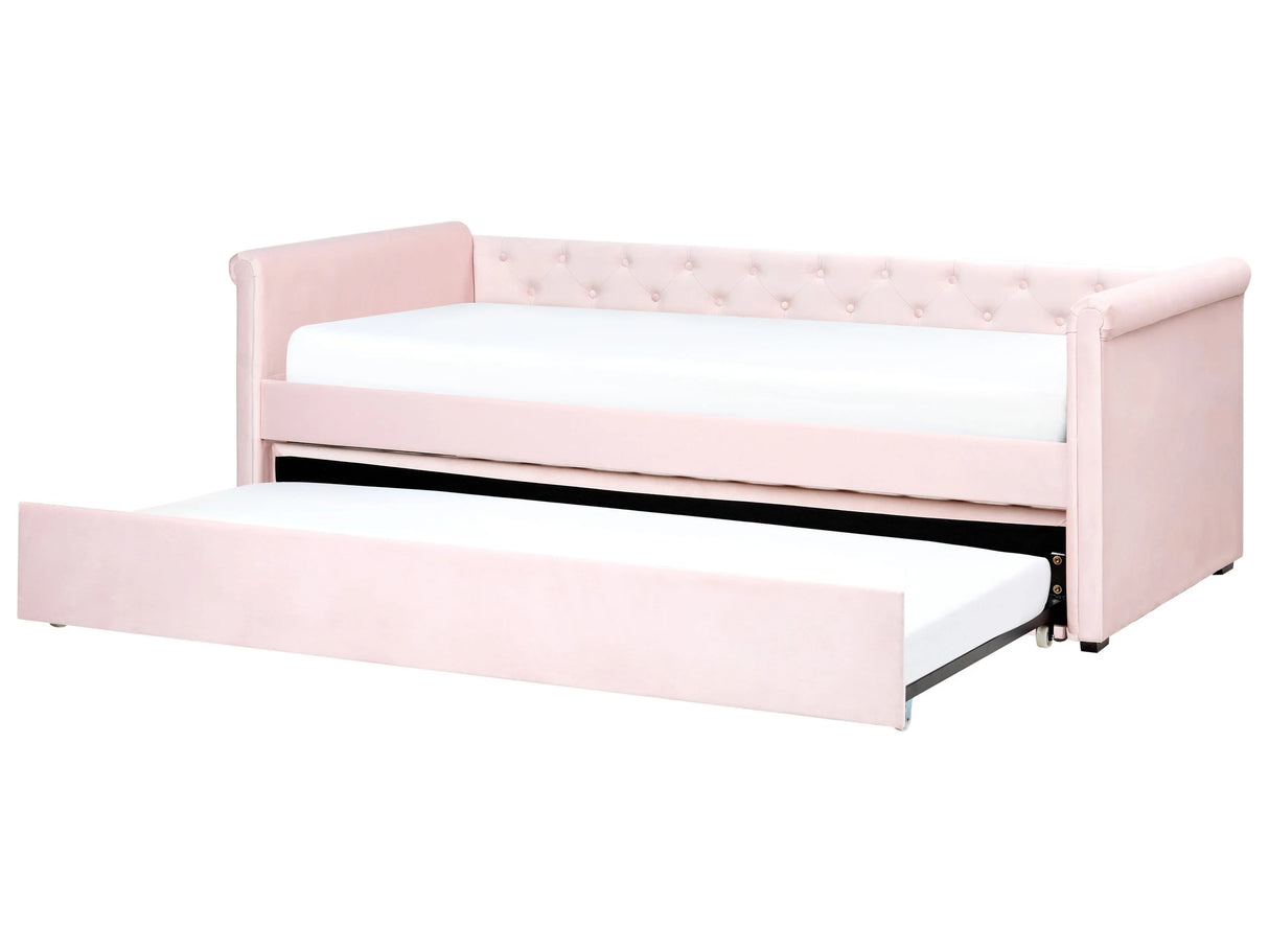 Trundle Bed Pastel Pink Velvet Upholstery EU Small Single Size 80 x 200 cm Guest Underbed Buttoned Beliani