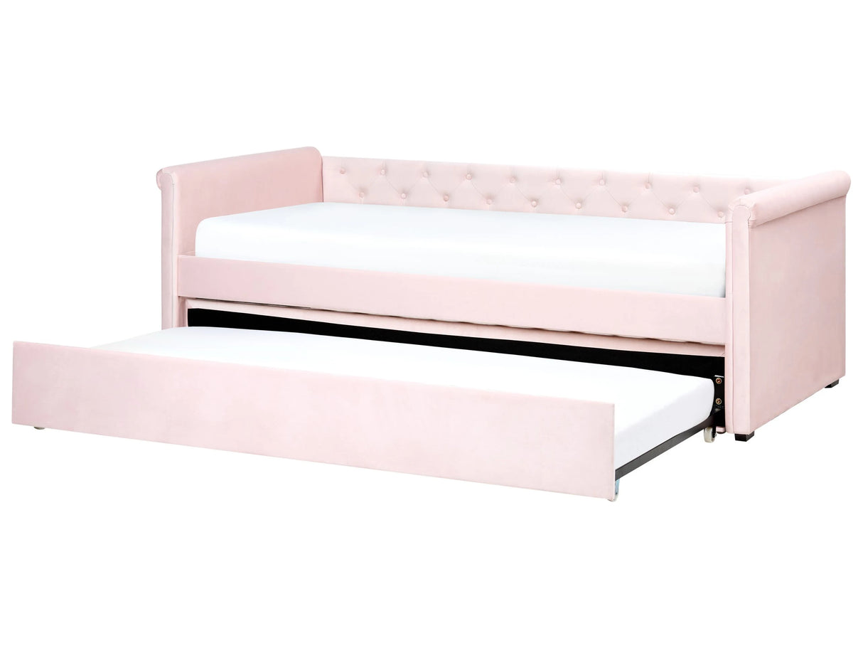 Trundle Bed Pastel Pink Velvet Upholstery EU Single Size 90 x 200 cm Guest Underbed Buttoned Beliani