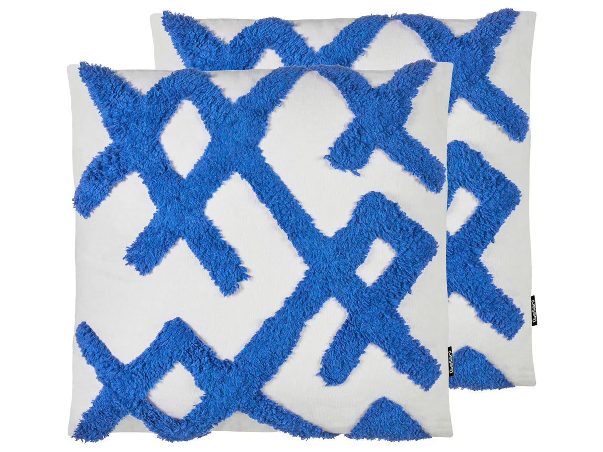 Set of 2 Decorative Cushions Blue and White Cotton Geometric Pattern 45 x 45 cm Removable Cover Modern Dcor Accessories Bedroom Living Room Beliani