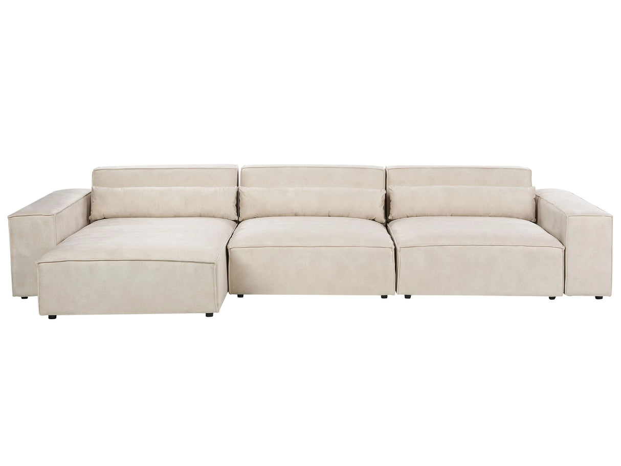Right Hand 3 Seater Modular Sofa Beige Velvet Sectional Couch Sofa with Black Legs Modern Living Room Beliani