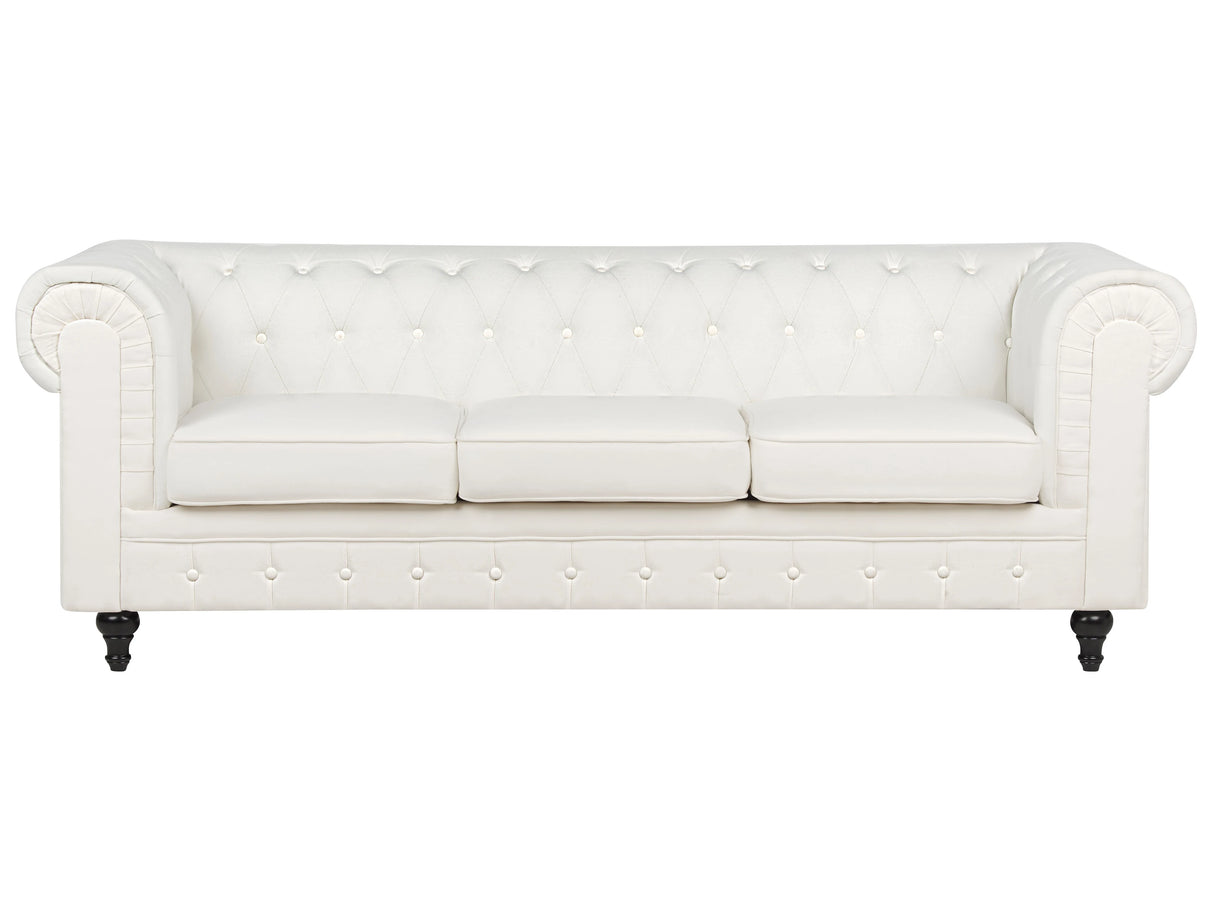 Chesterfield Sofa Off-White Polyester Fabric Upholstery Dark Wood Legs 3 Seater Vitnage Design Beliani