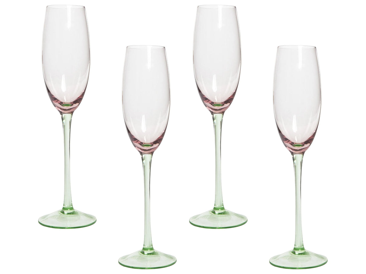 Set of 4 Champagne Flutes Pink Green Transparent Hand-Blown 20 cl 7 oz 4 Pcs Set Beliani