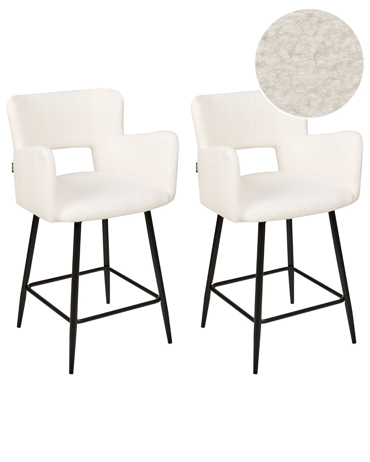 Set of 2 Chairs Bar Chair Off-White Boucle with Armrests Cut-Out Backrest Black Metal Legs Beliani