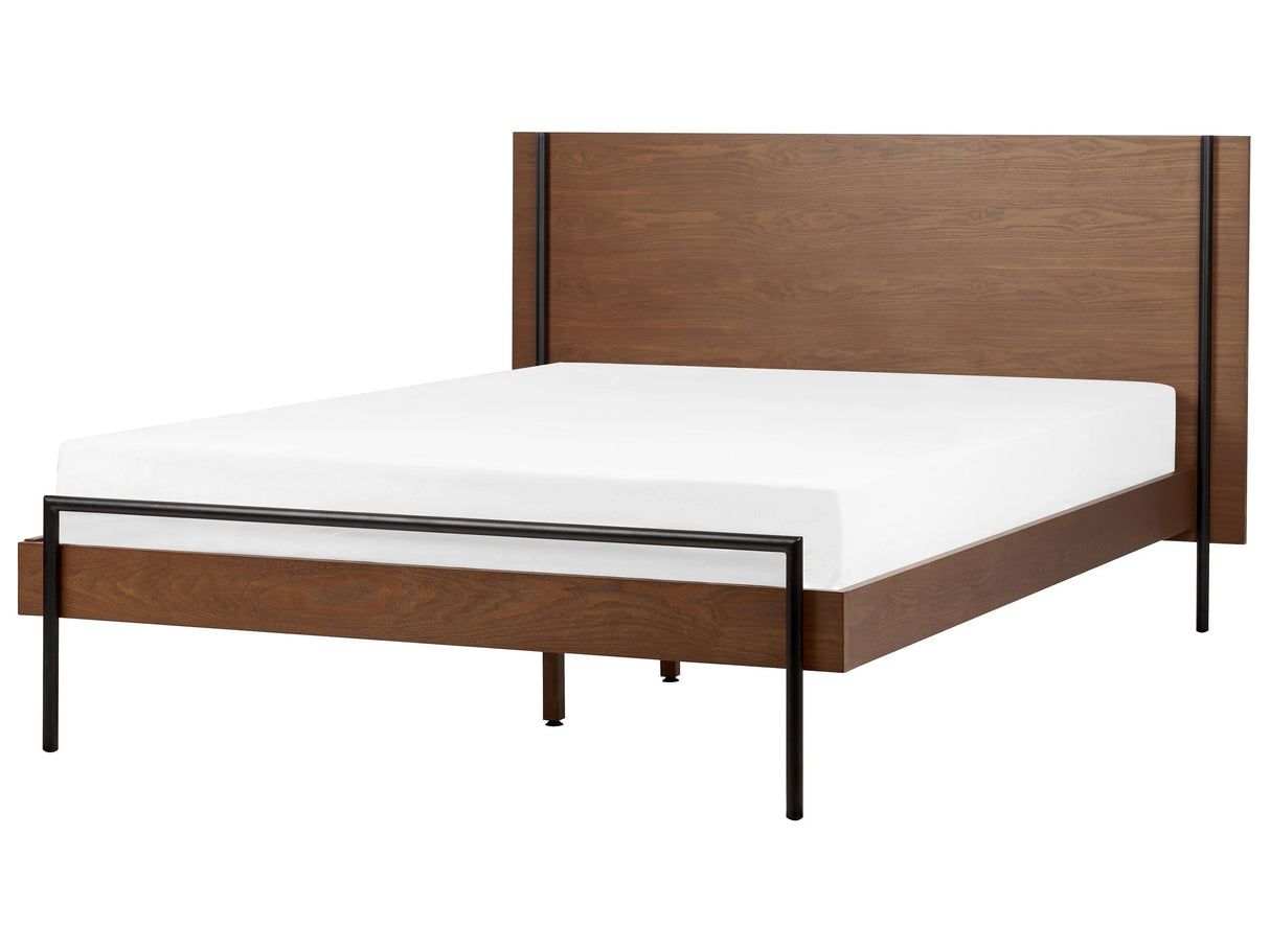EU Double Size Bed Dark Ash Wood MDF 4ft6 Frame with Headrest and Slatted Base Metal Black Legs Beliani