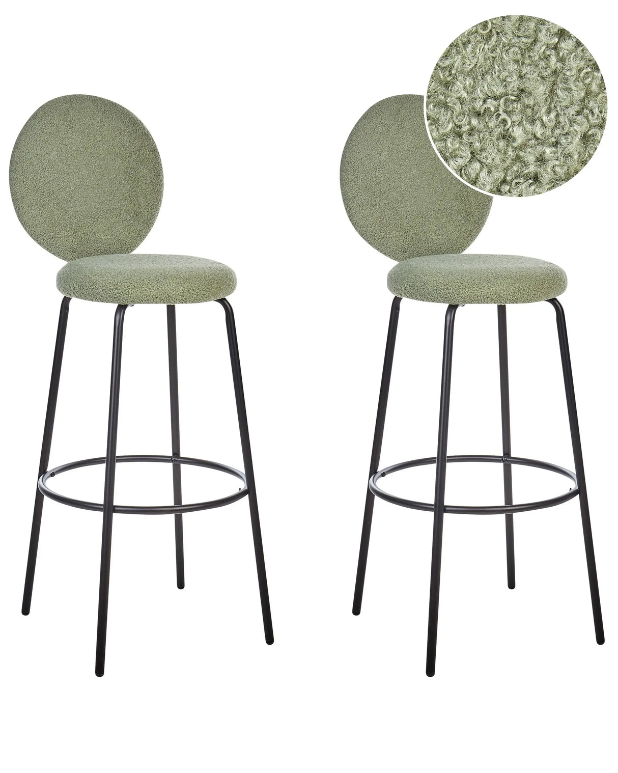 Set of 2 Bar Stools Light Green Armless Leg Caps Boucle Black Steel Legs Modern Design Dining Room Seating Beliani