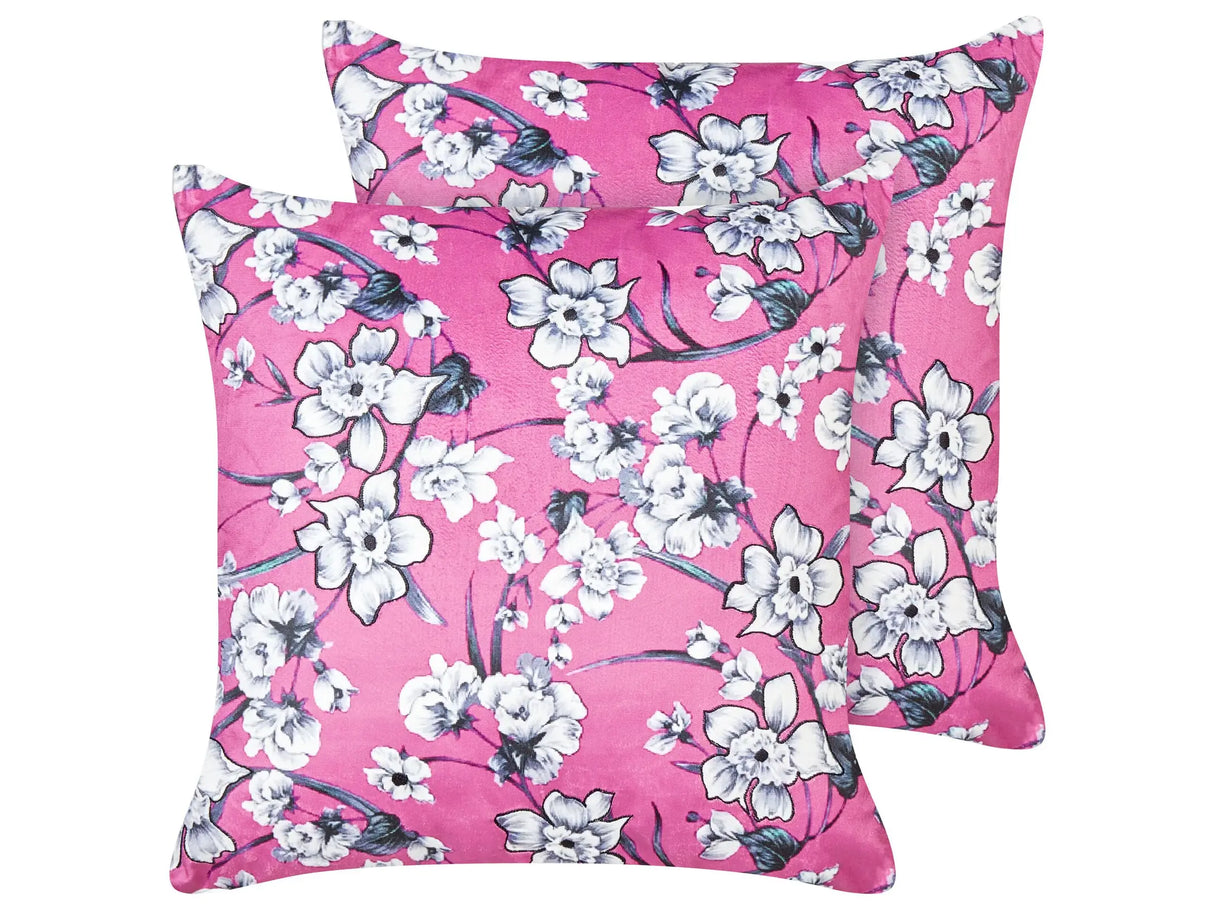 Set of Decorative Cushions Pink Velvet 45 x 45 cm Floral Motif Removable Covers Square Modern Decor Accessories Beliani