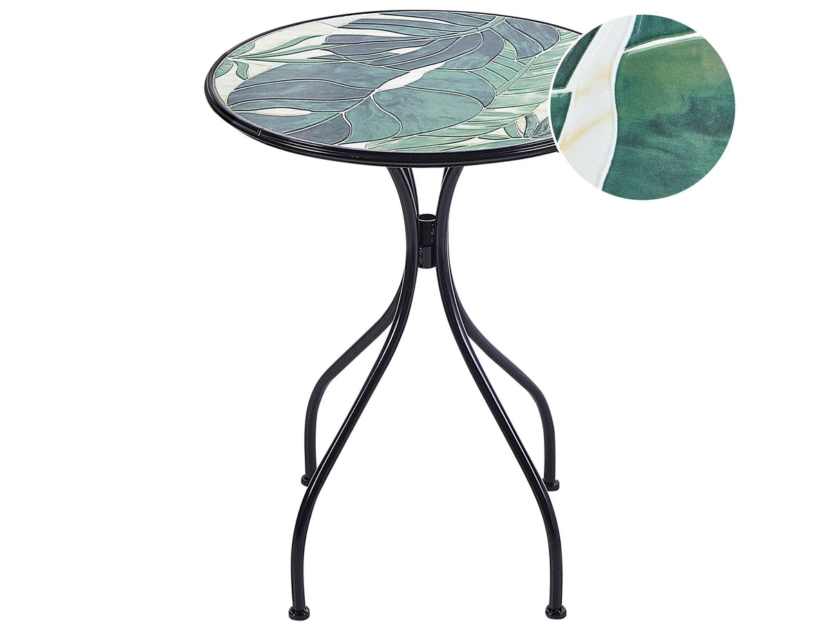 Garden Bistro Table Black Metal Iron Frame  60 cm Green Mosaic Tiles Pattern Tabletop Vintage Style Outdoor Beliani