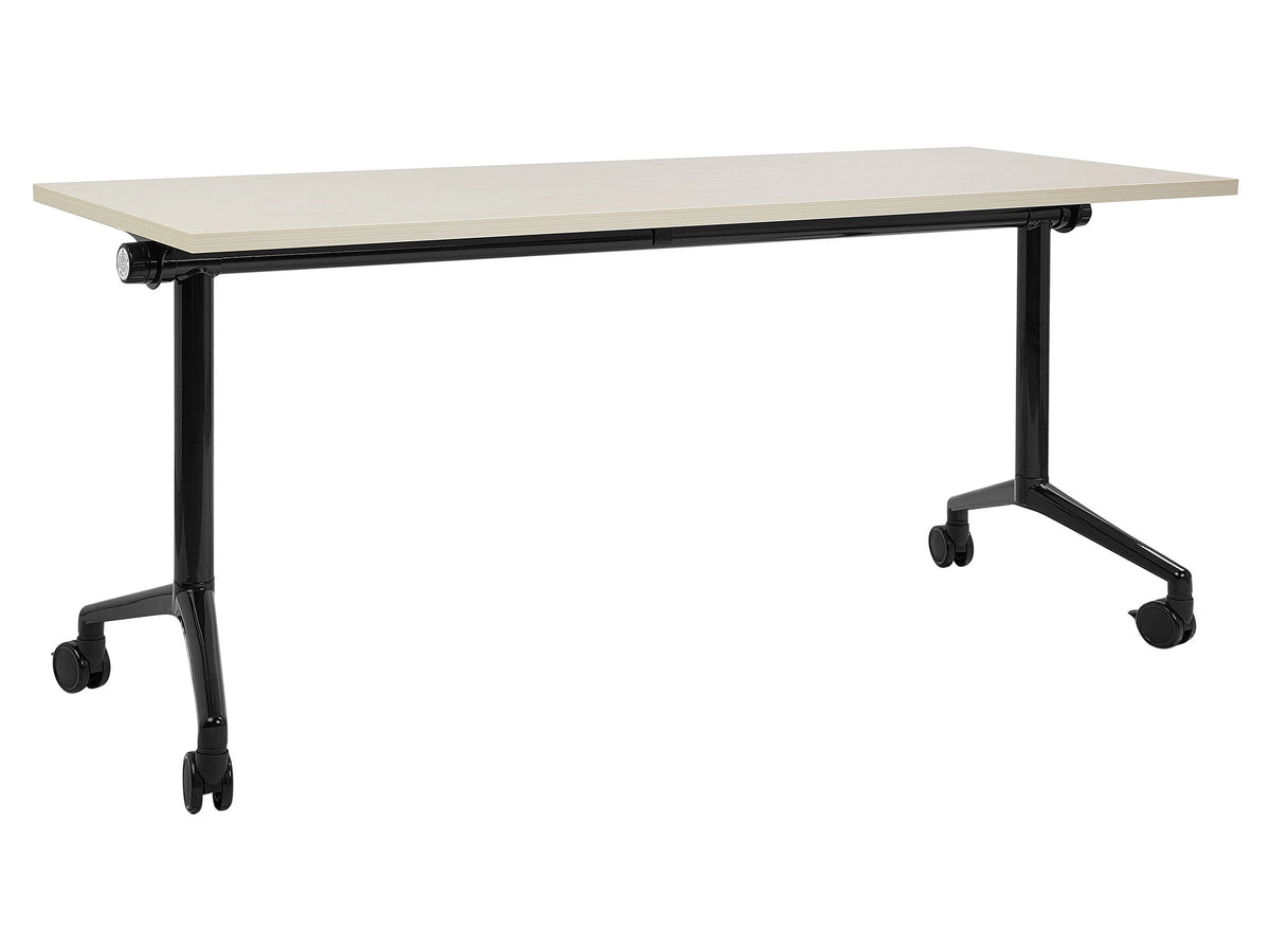 Folding Office Desk Light Wood and Black Metal Frame MFC Tabletop 160 x 60 cm Foldable Portable Mobile Table with Casters Modern Design Beliani