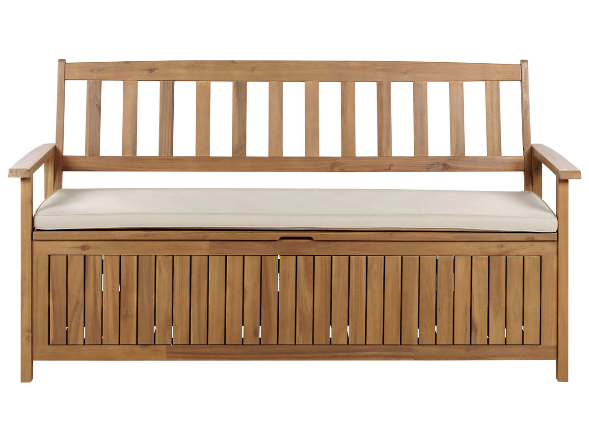 Outdoor Bench with Storage Solid Acacia Wood 3 Seater 160 cm with Taupe Cushion Beliani