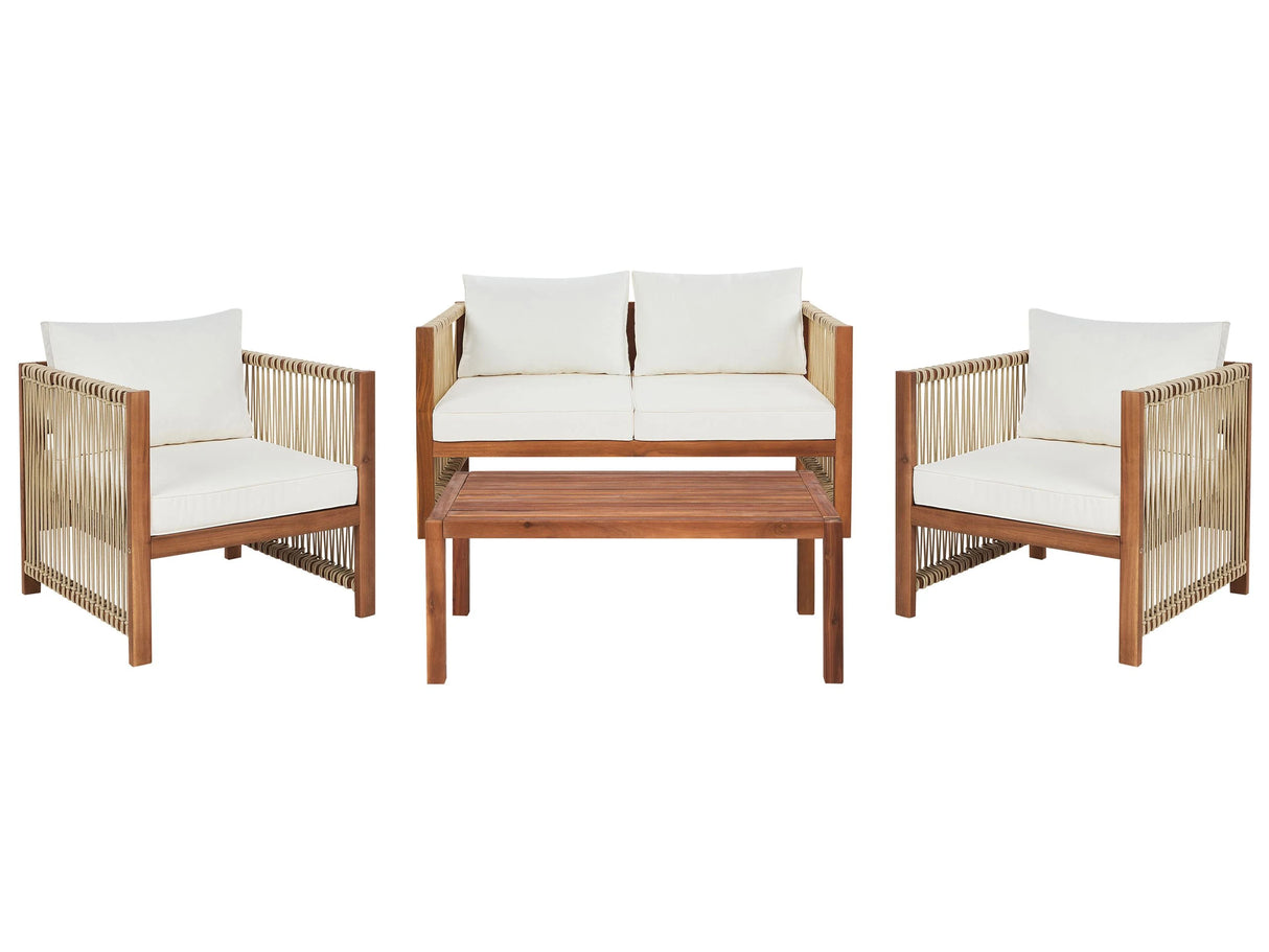 4 Seater Garden Sofa Light Wood Accacia with Beige Synthetic Rope 2 Seater Sofa Armchairs and Coffee Table Beliani