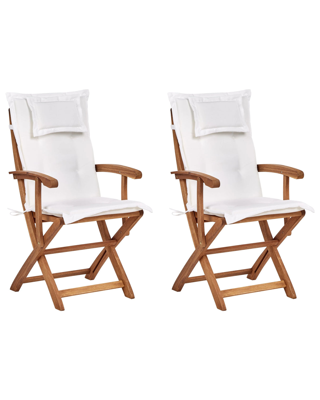 Set of 2 Garden Dining Chairs Light Wood with White Cushion Acacia Wood Frame Folding Rustic Design Beliani