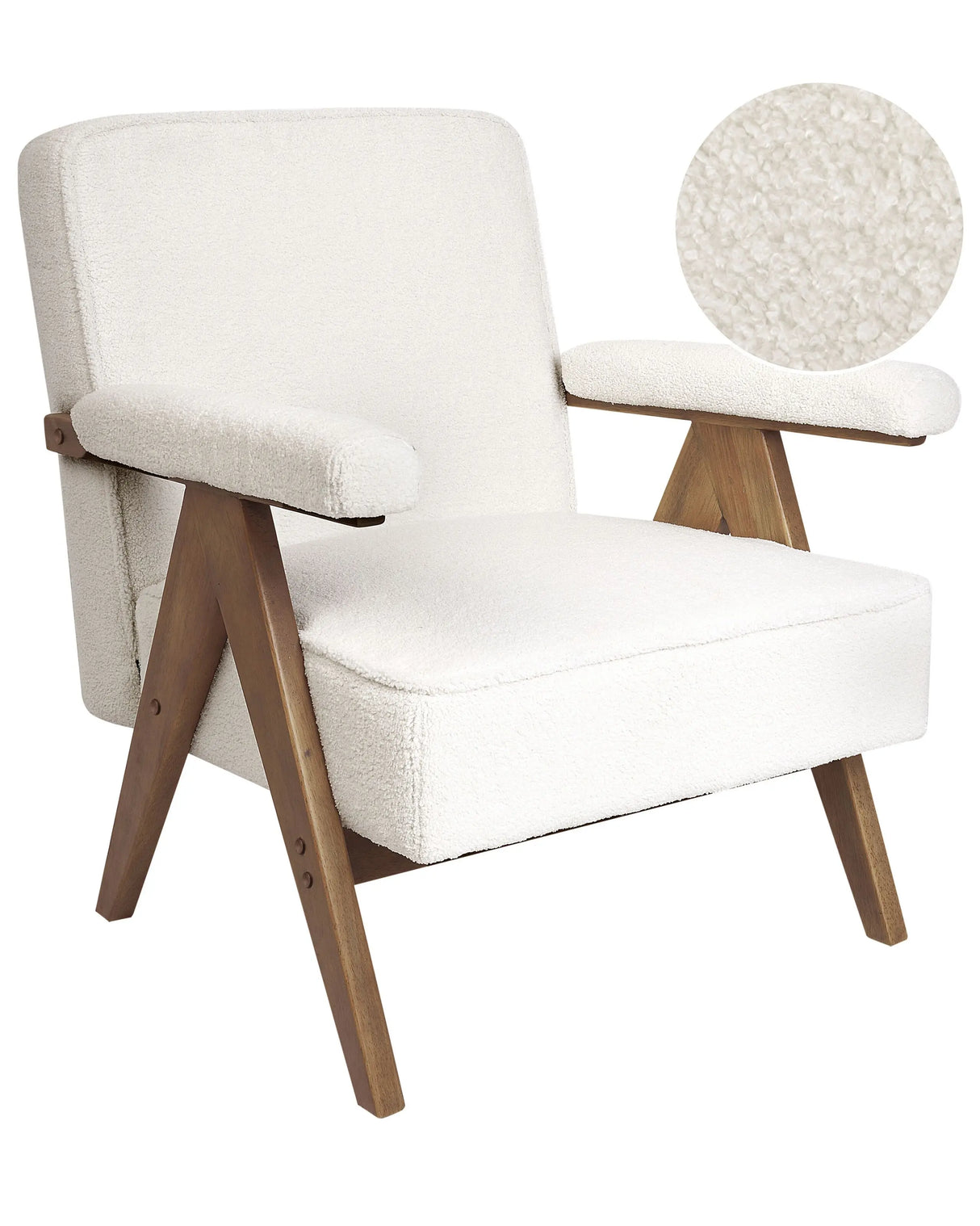 Armchair White Polyester Fabric Boucle Upholstery Retro Design Wooden Frame Armrests Living Room Beliani